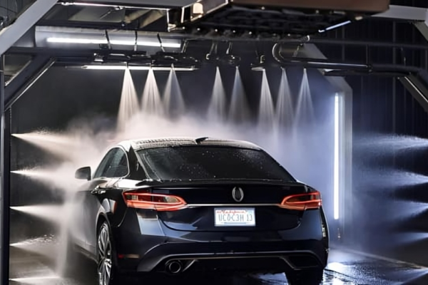 A modern touchless car wash in action, showcasing water jets cleaning a vehicle efficiently and eco-consciously