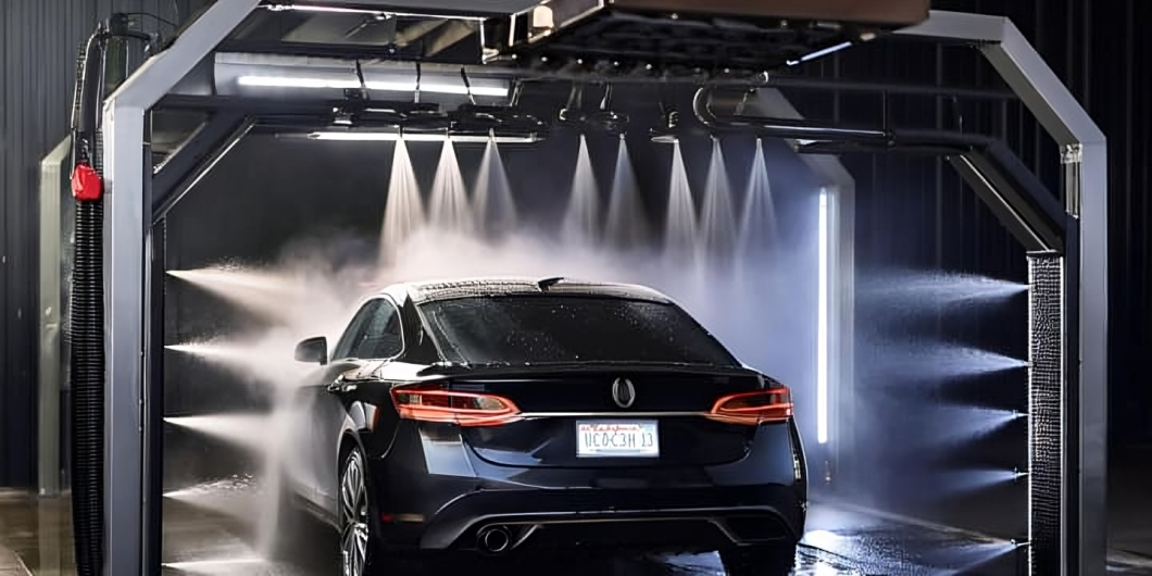 A modern touchless car wash in action, showcasing water jets cleaning a vehicle efficiently and eco-consciously