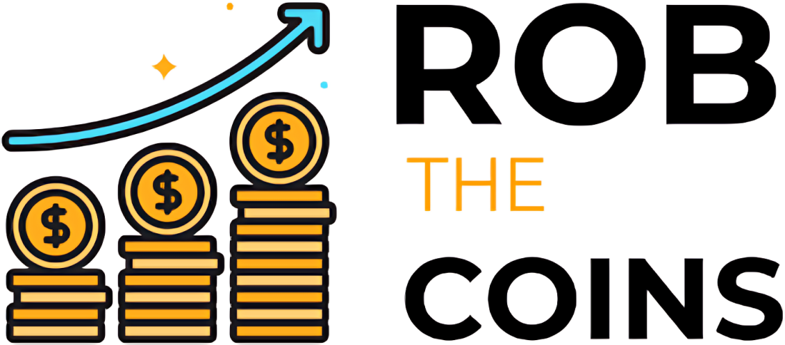 RobTheCoins.com logo with cryptocurrency symbols like Bitcoin and Ethereum in the background