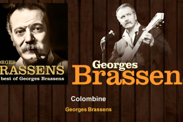 A vibrant representation of Georges Brassens performing with a guitar, symbolizing the essence of his translated songs.